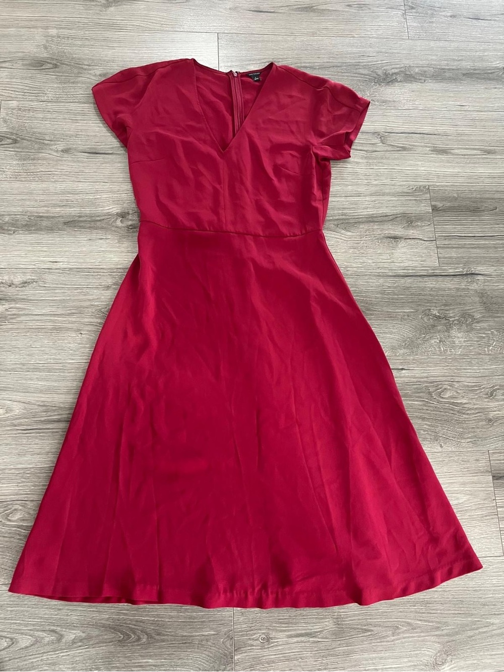 Ann Taylor Crimson V-Neck Midi A-Line Dress